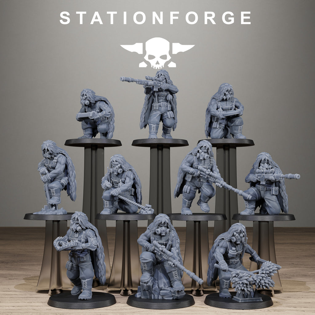 GrimGuard Jungle Fighter Snipers, 10 Tabletop Miniatures, Designed by StationForge with gratis Bases