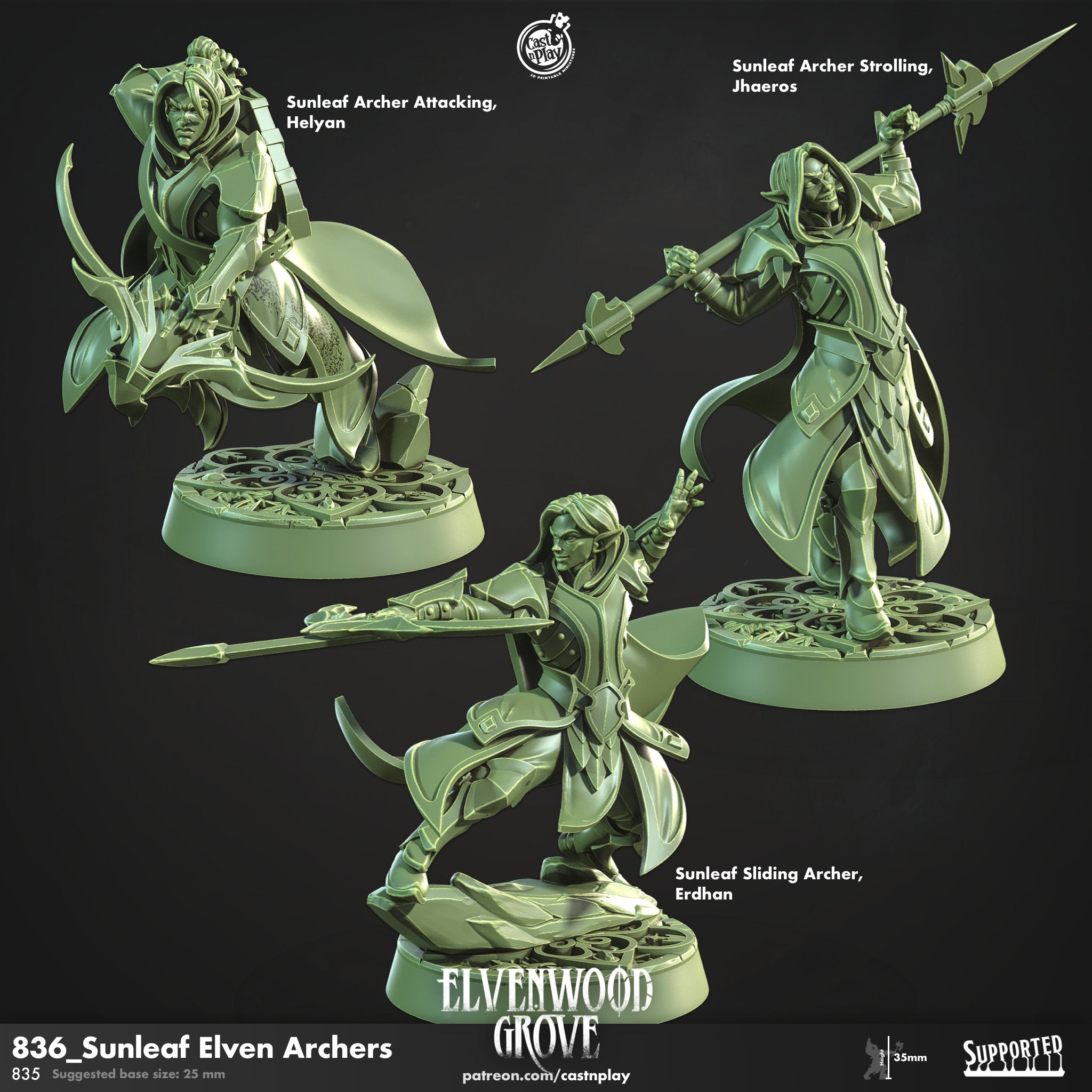 Sunleaf Elven Archers von CastnPlay (Nr. 835) Elvenwood Grove, Wargame/ 3 Tabletop Miniaturen+ Gratis Bases