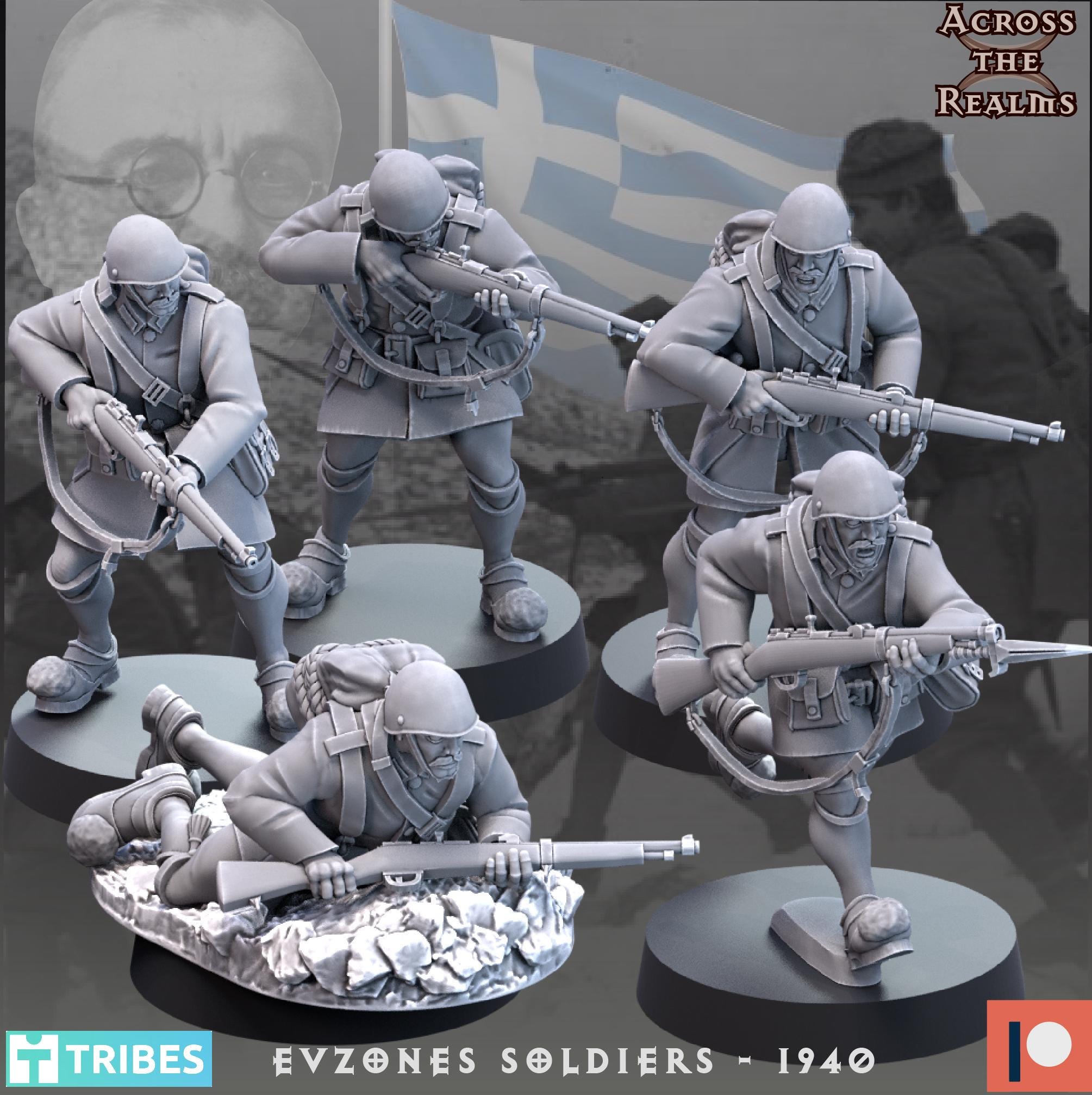 Evzones Soldiers - 1940 from Across the Realms, 5 Wargame Miniatures+ Gratis Bases