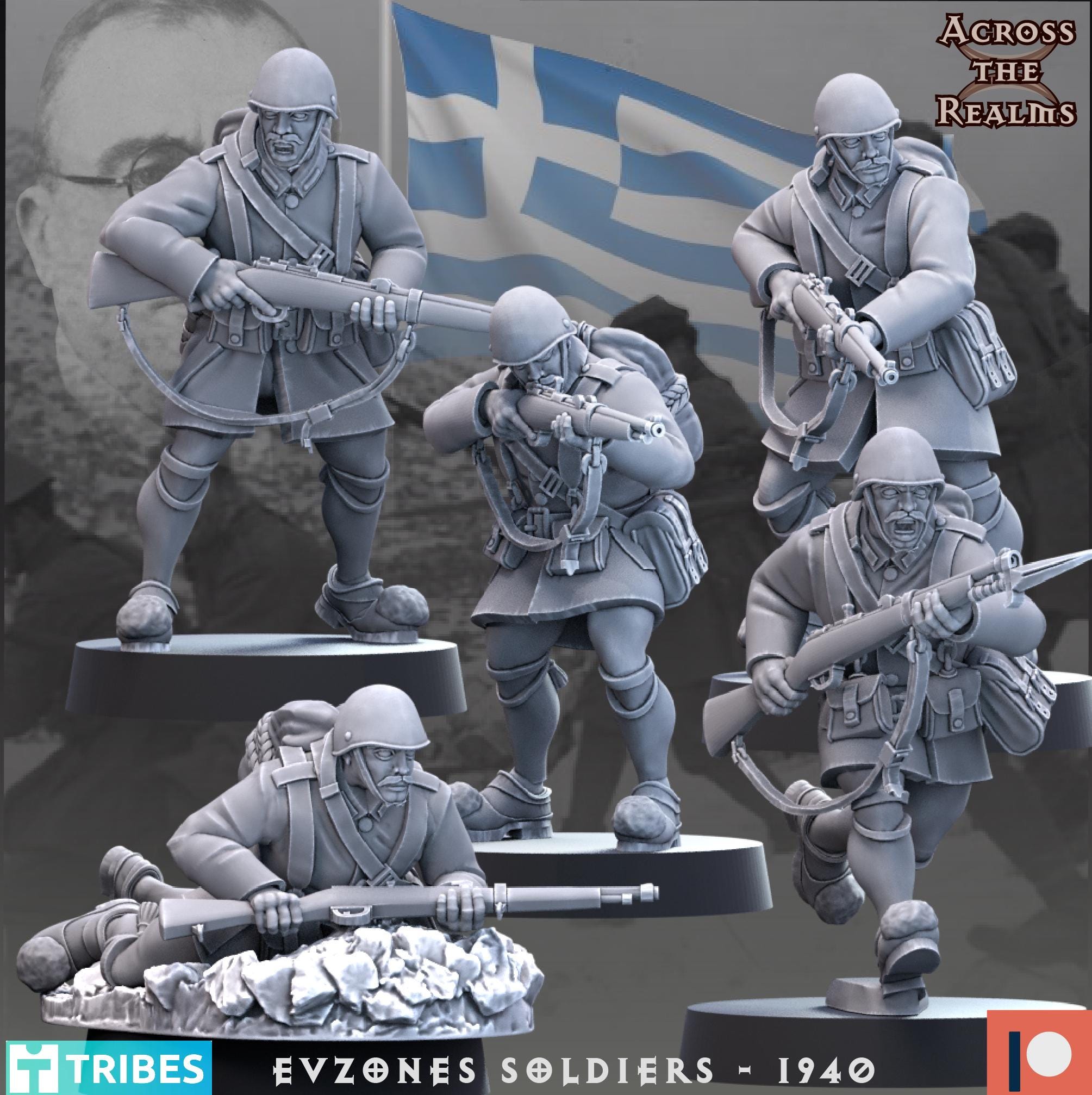 Evzones Soldiers - 1940 from Across the Realms, 5 Wargame Miniatures+ Gratis Bases