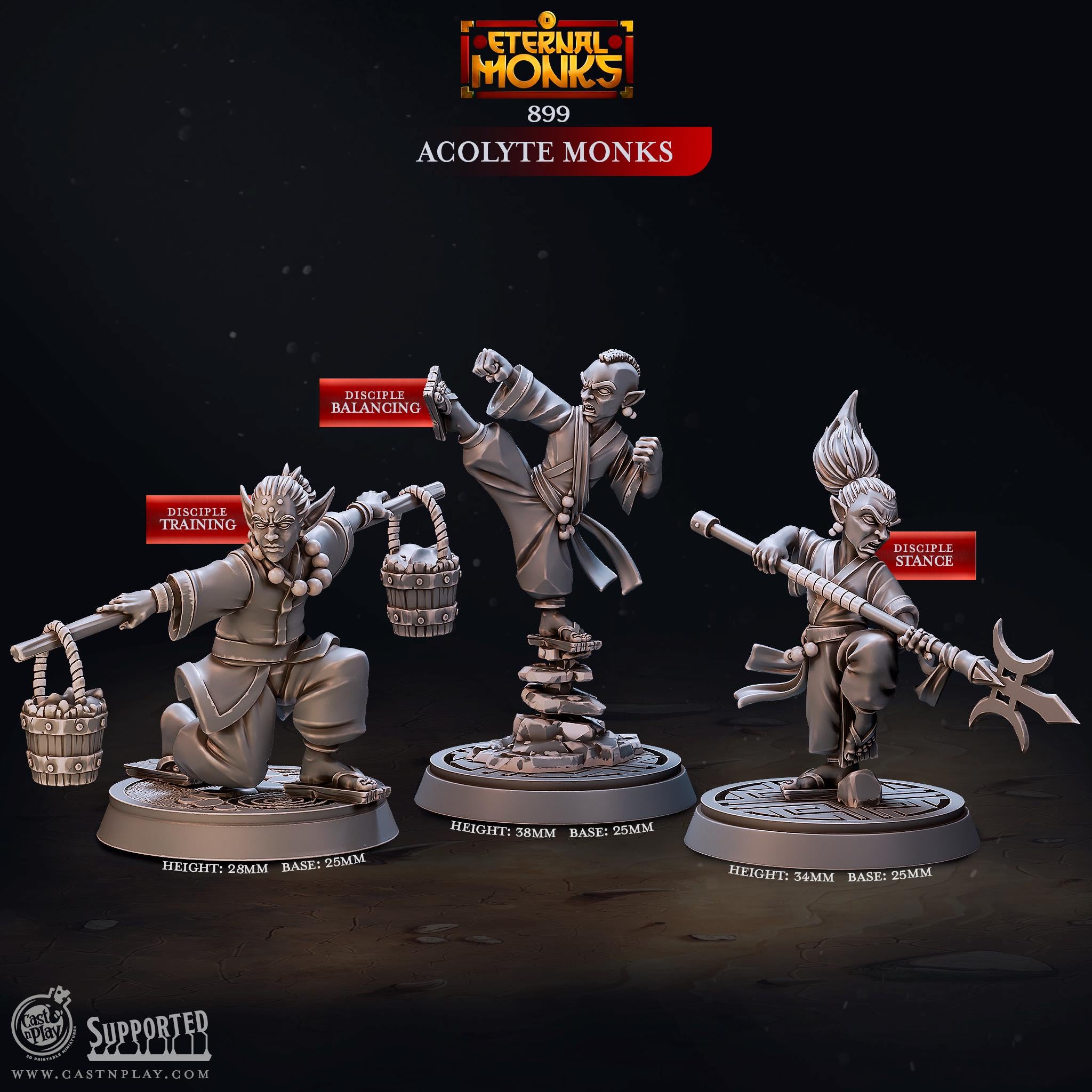 Acolyte Monks von CastnPlay (Nr. 899) Eternal Monks, Wargame/ 3 Tabletop Miniaturen+ Gratis Bases