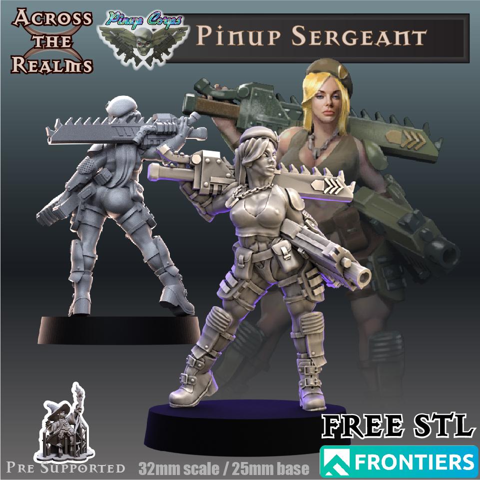 Pinup-Sergeant from Across the Realms, Wargame Miniature+ Gratis Base