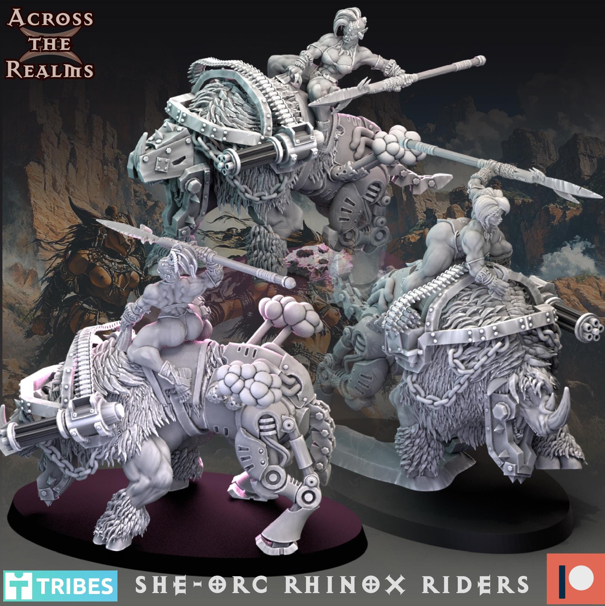 Rhinox Riders from Across the Realms, 3 Wargame Miniature+ Gratis Bases