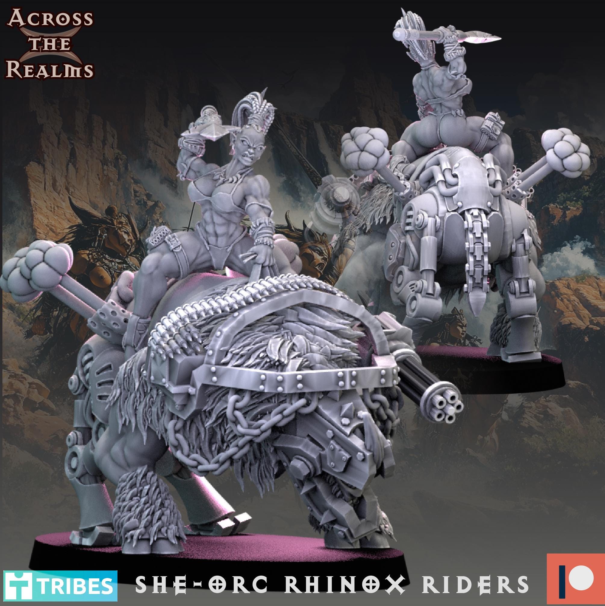 Rhinox Riders from Across the Realms, 3 Wargame Miniature+ Gratis Bases