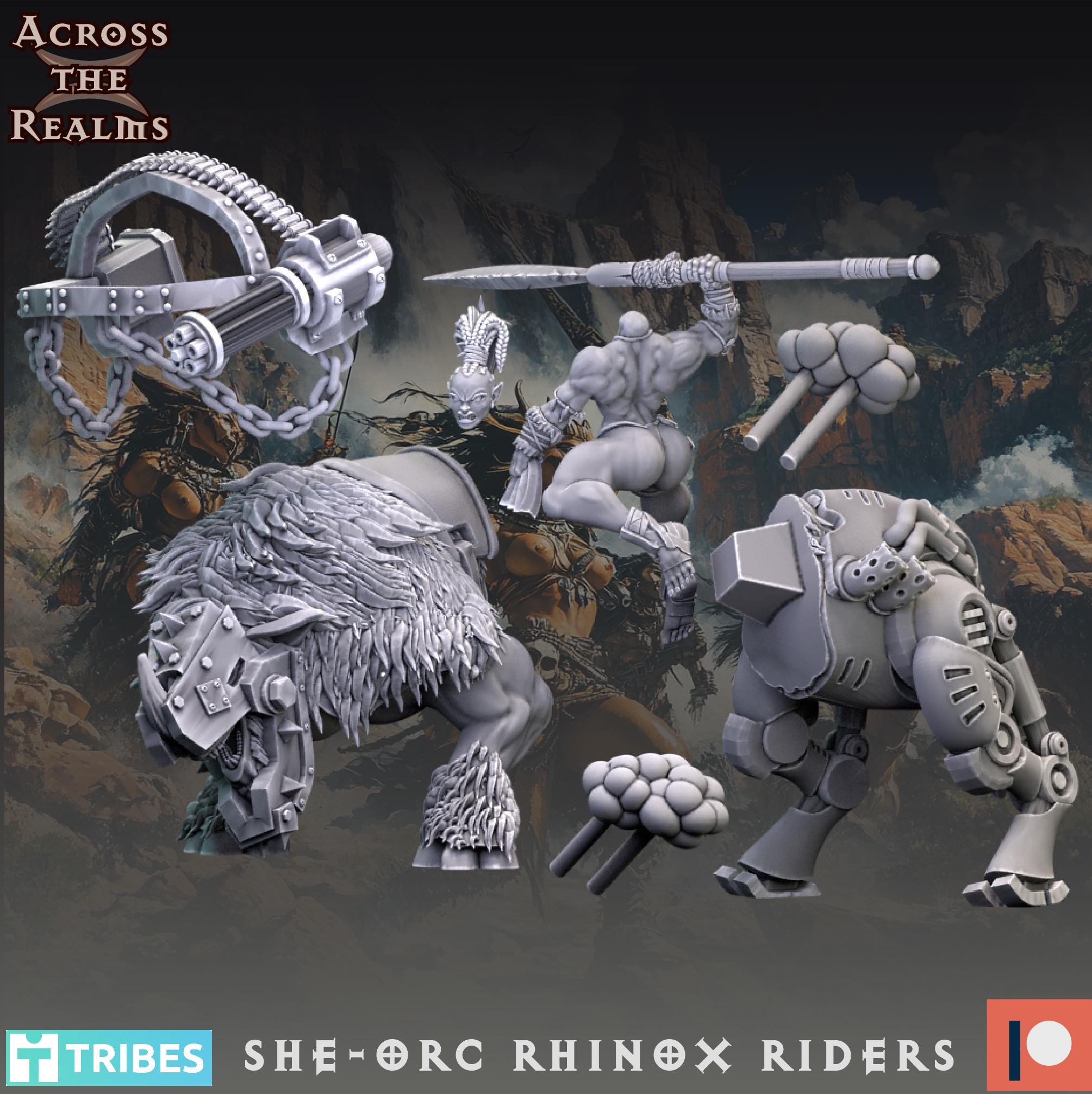 Rhinox Riders from Across the Realms, 3 Wargame Miniature+ Gratis Bases