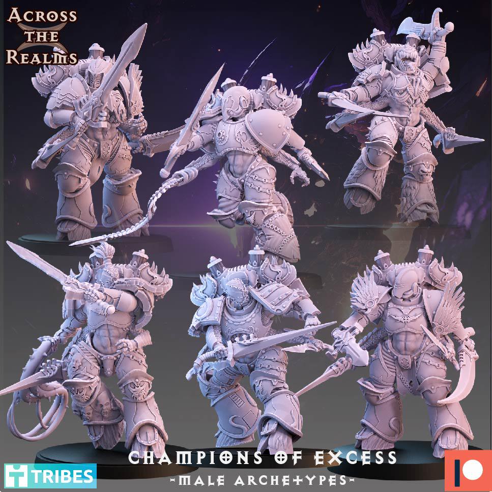 Champions of Excess - Male Archetypes from Across the Realms, 6 Wargame Miniature+ Gratis Bases
