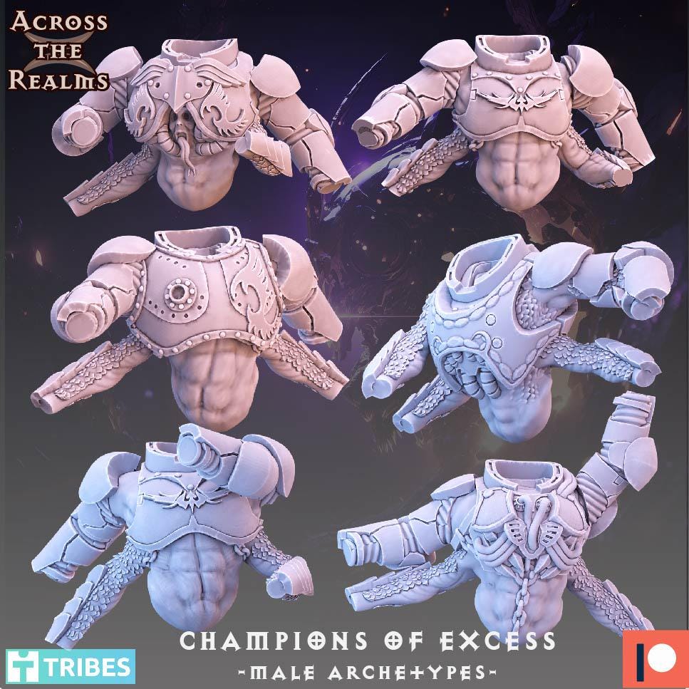 Champions of Excess - Male Archetypes from Across the Realms, 6 Wargame Miniature+ Gratis Bases