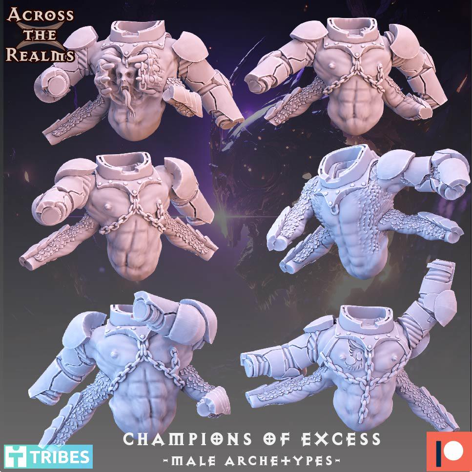 Champions of Excess - Male Archetypes from Across the Realms, 6 Wargame Miniature+ Gratis Bases