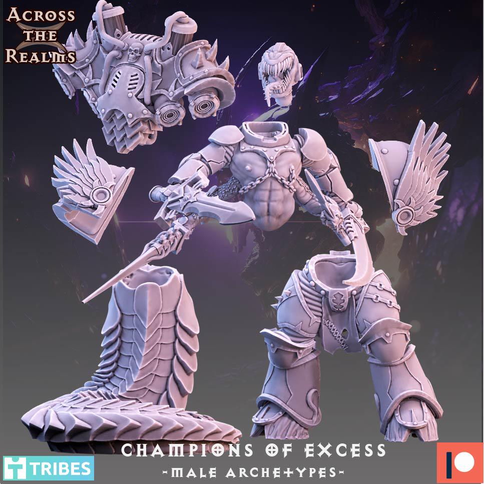 Champions of Excess - Male Archetypes from Across the Realms, 6 Wargame Miniature+ Gratis Bases