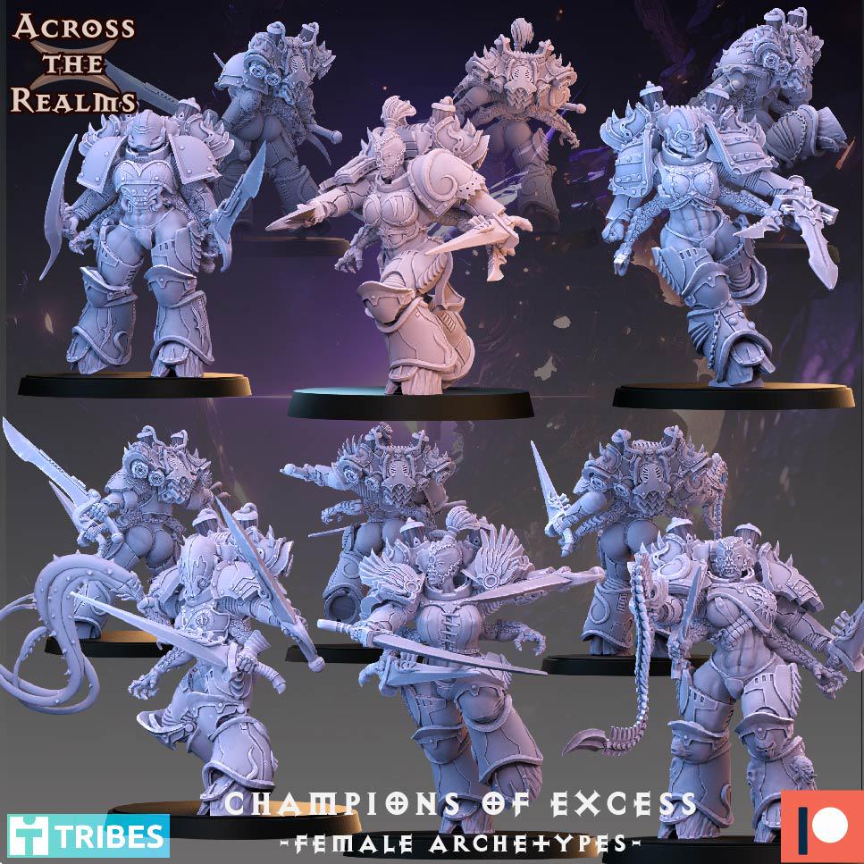 Champions of Excess - Female Archetypes from Across the Realms, 6 Wargame Miniature+ Gratis Bases