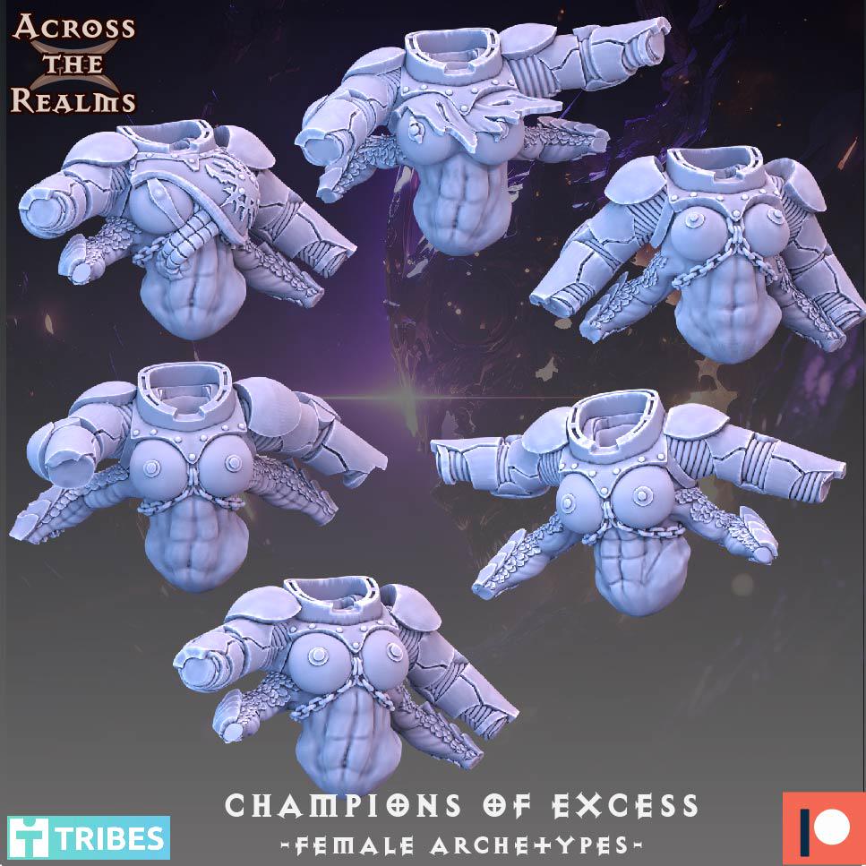 Champions of Excess - Female Archetypes from Across the Realms, 6 Wargame Miniature+ Gratis Bases
