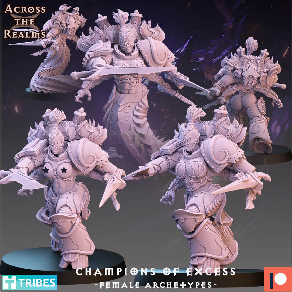 Champions of Excess - Female Archetypes from Across the Realms, 6 Wargame Miniature+ Gratis Bases