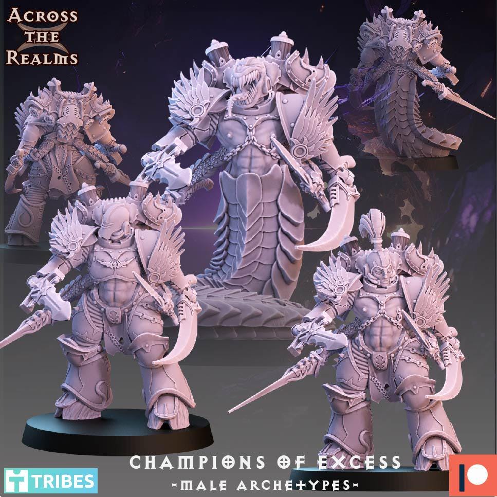Champions of Excess - Male Archetypes from Across the Realms, 6 Wargame Miniature+ Gratis Bases