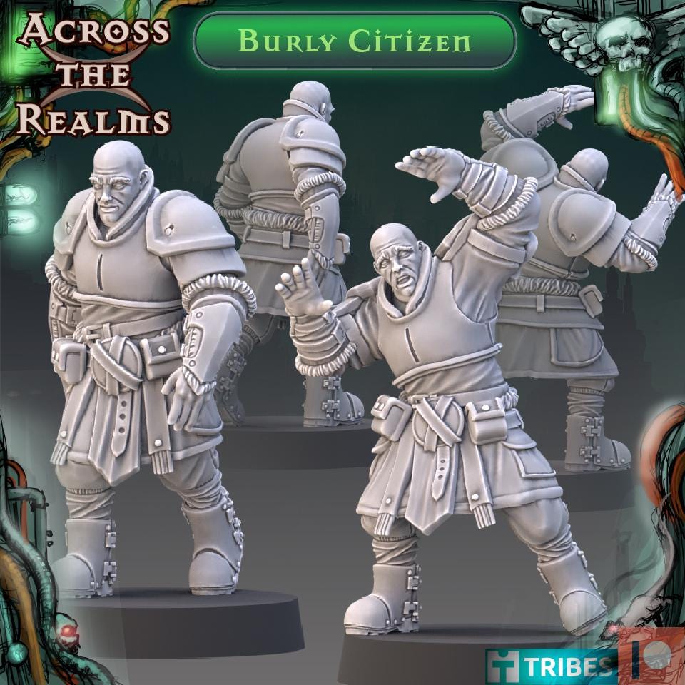 Burly Citizen from Across the Realms, 2 Wargame Miniatures+ Gratis Bases