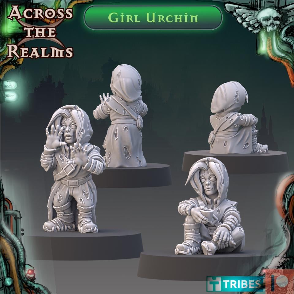 Girl Urchin from Across the Realms, 2 Wargame Miniatures+ Gratis Bases