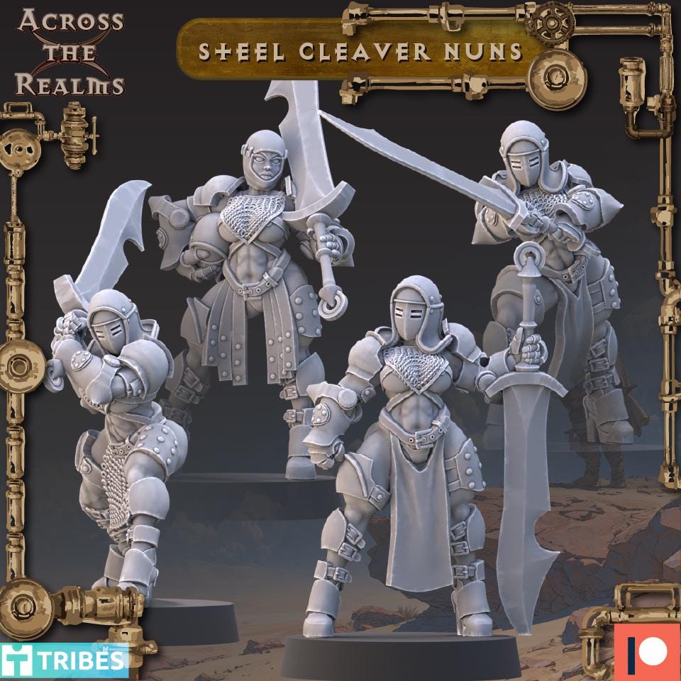 Steel Cleaver Nuns from Across the Realms,4 Wargame Miniature+ Gratis Bases