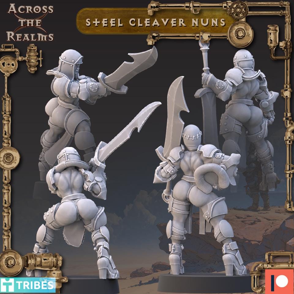 Steel Cleaver Nuns from Across the Realms,4 Wargame Miniature+ Gratis Bases