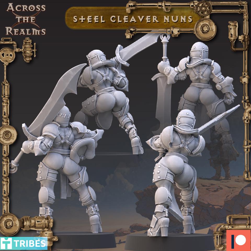Steel Cleaver Nuns from Across the Realms,4 Wargame Miniature+ Gratis Bases