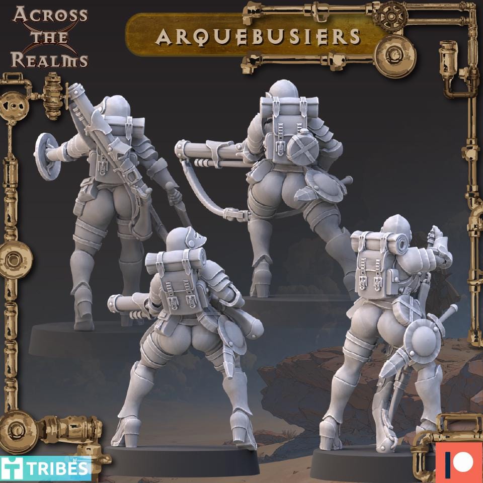 Arquebusiers from Across the Realms, 4 Wargame Miniatures+ Gratis Bases