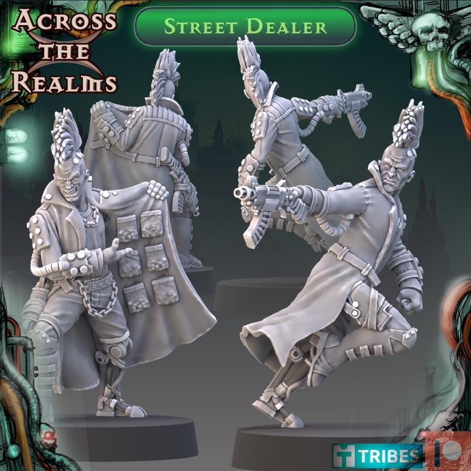 Street Dealer from Across the Realms, 2 Wargame Miniatures+ Gratis Bases