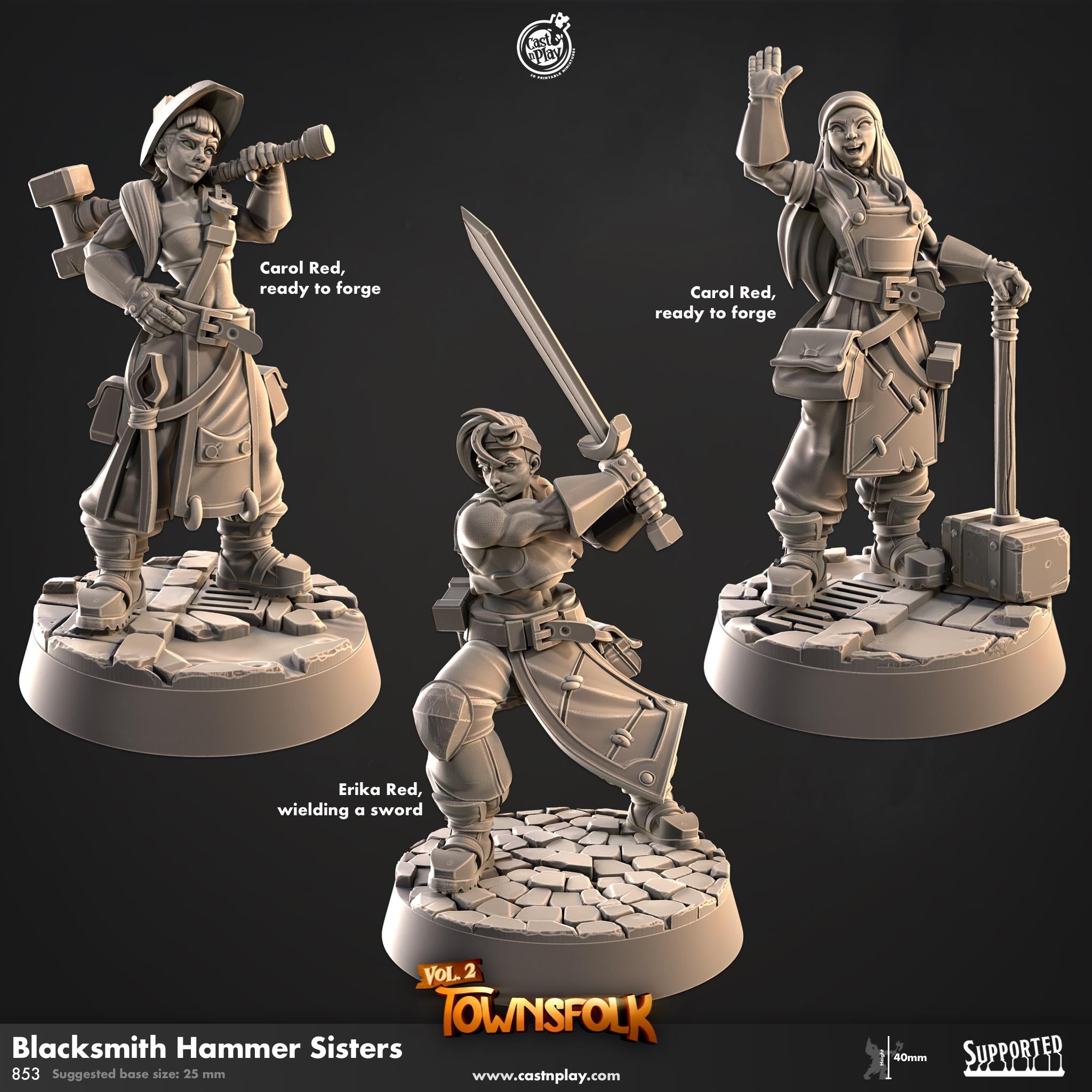 Blacksmith Hammer Sisters von CastnPlay (Nr. 853) Townsfolk Vol. 2 - Mennesker City, Wargame/ 3 Tabletop Miniaturen+ Gratis Bases
