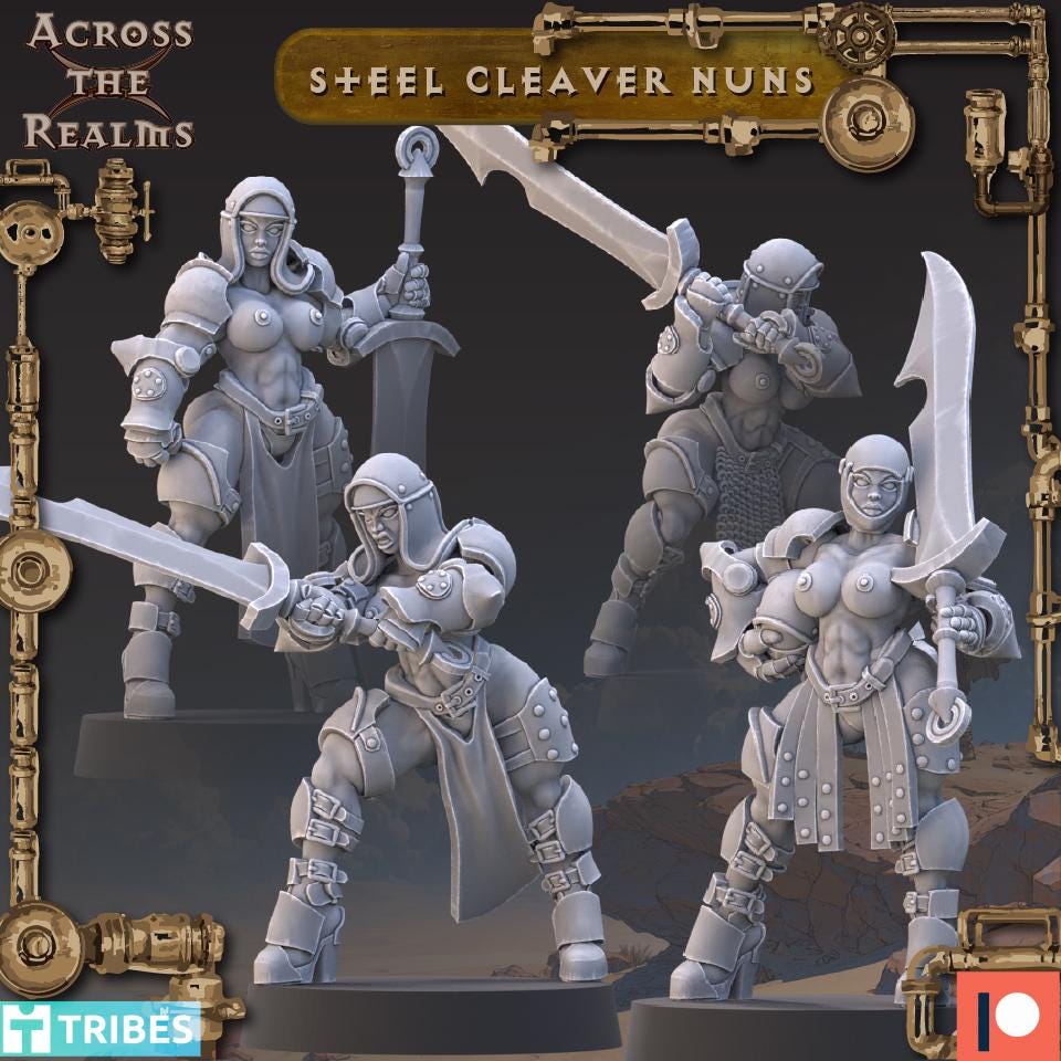 Steel Cleaver Nuns from Across the Realms,4 Wargame Miniature+ Gratis Bases