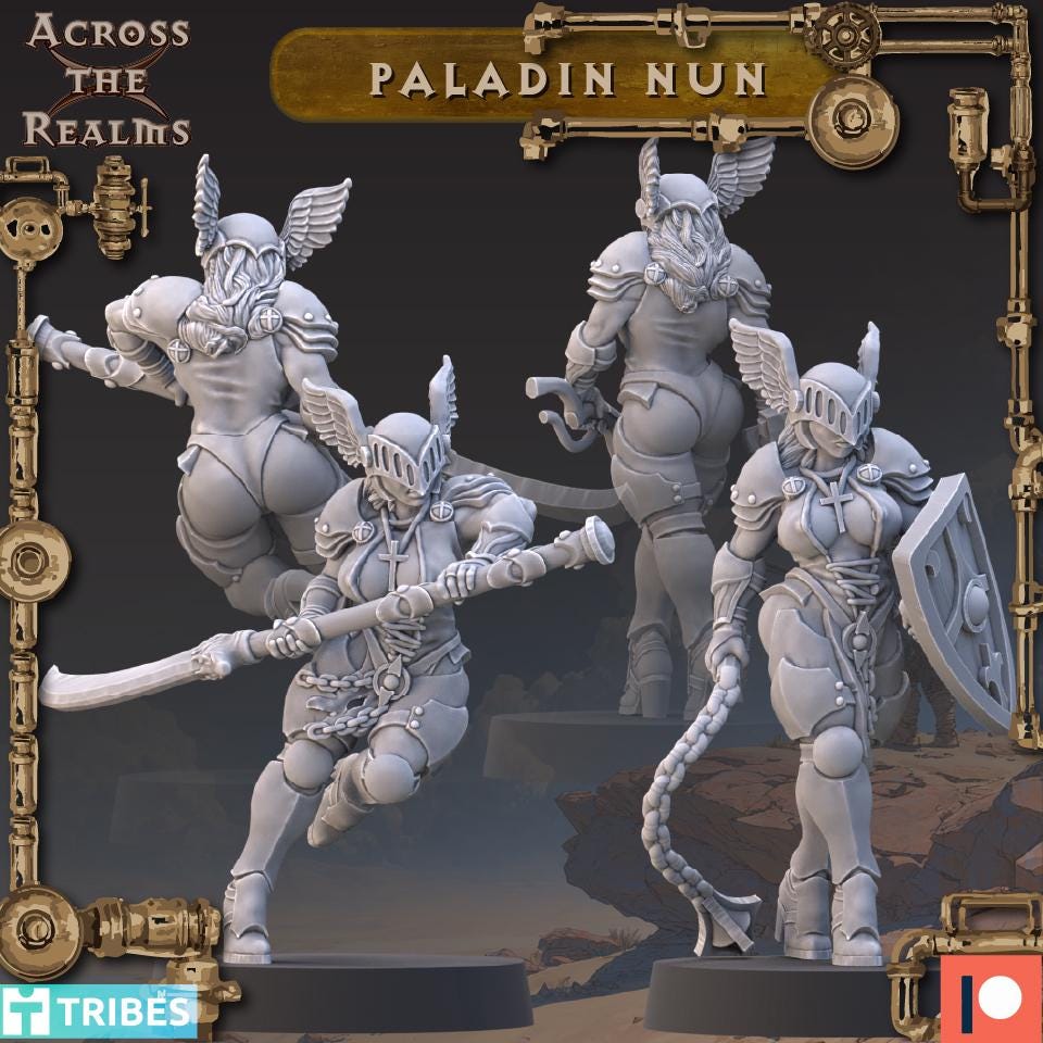 Paladin Nun from Across the Realms,2 Wargame Miniature+ Gratis Bases