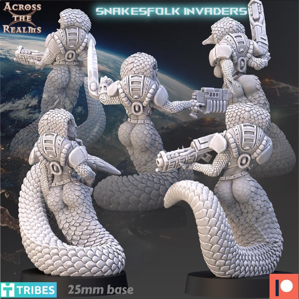Snakesfolk Invaders from Across the Realms,5 Wargame Miniatures+ Gratis Bases
