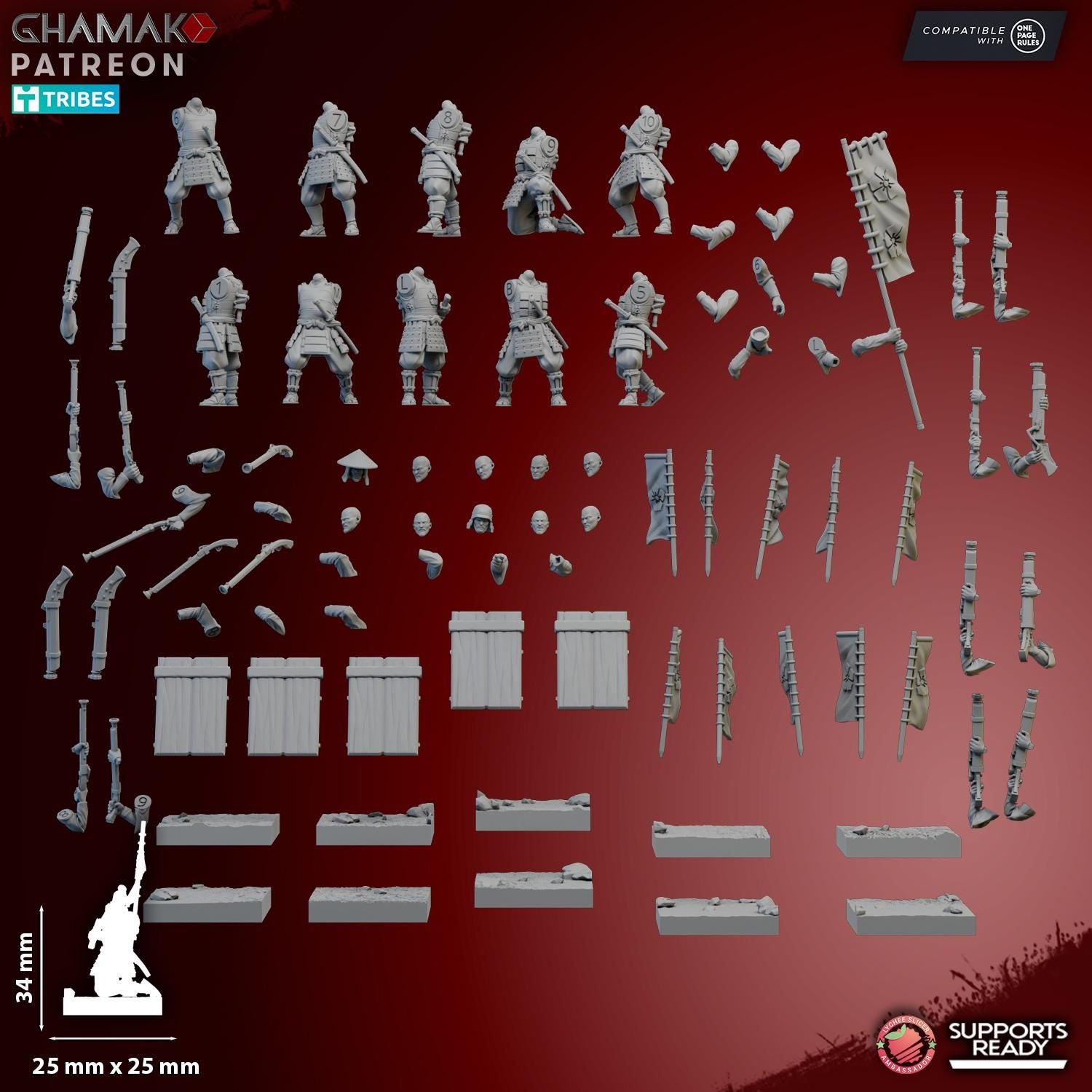 Teppou Ashigaru (Musket & Blunderbuss) from Ghamak, 10 Wargame Miniatures+ Gratis Bases