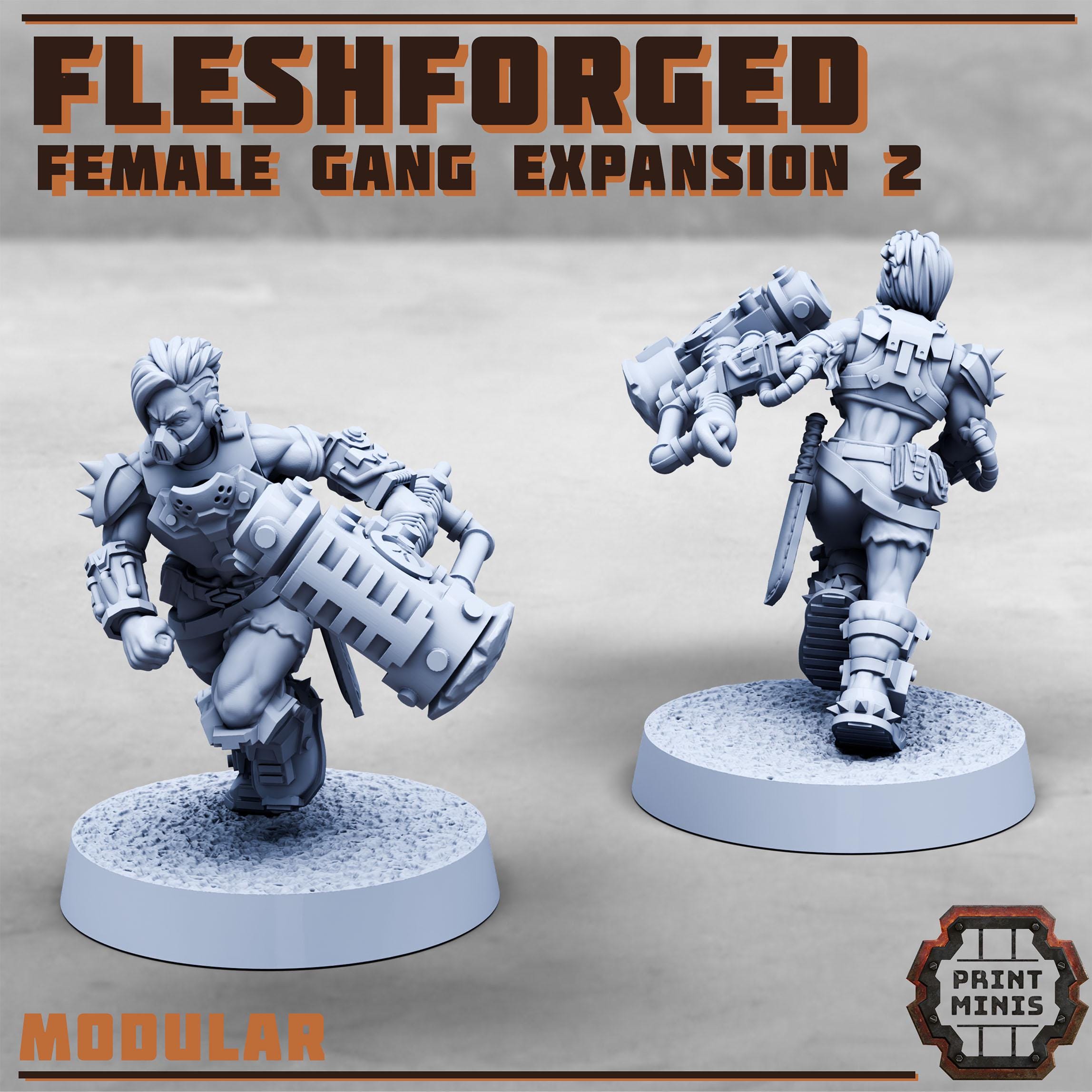 Female Fleshforged - Gang Expansion from PrintMinis/10 Wargame, Tabletop Miniatur+ Base