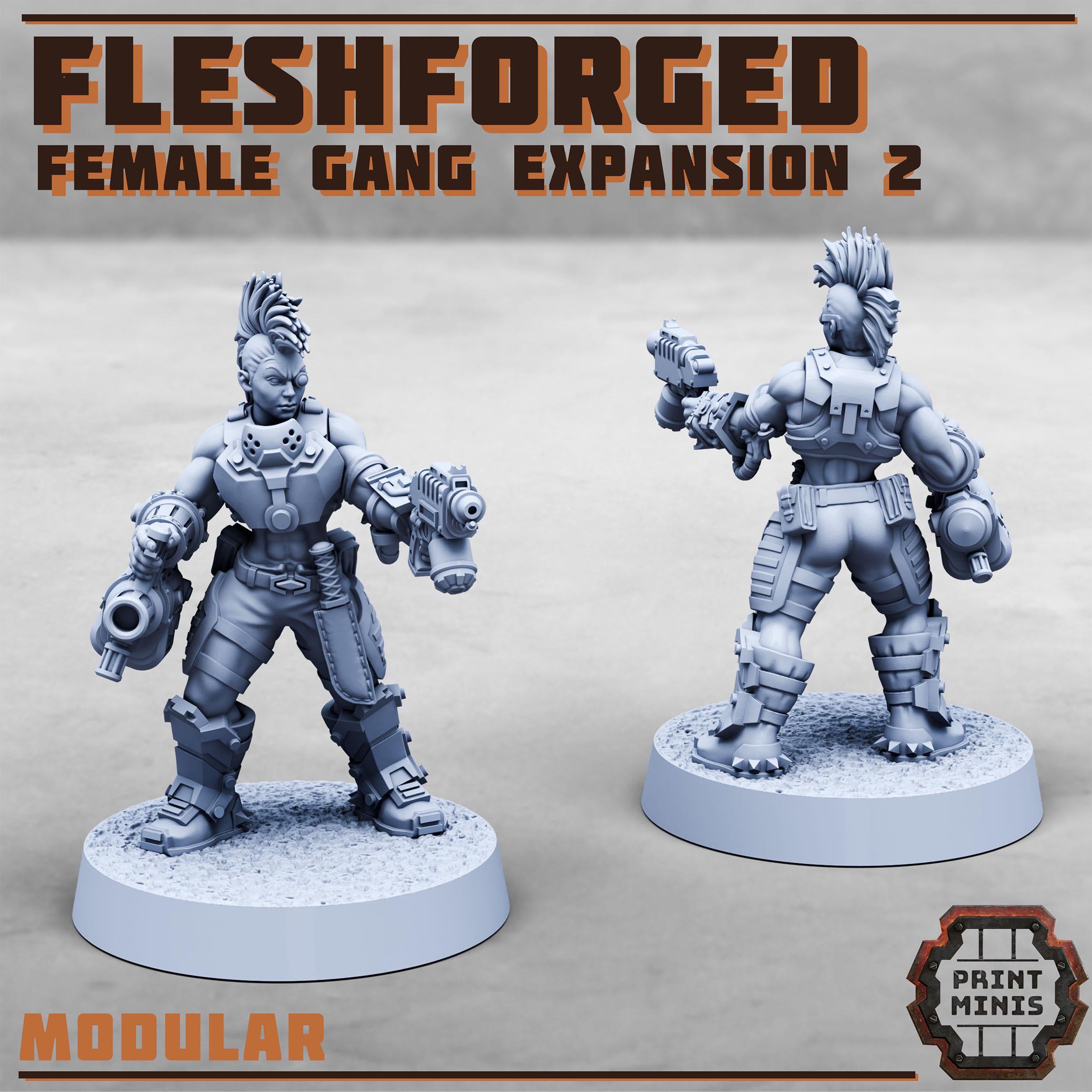 Female Fleshforged - Gang Expansion from PrintMinis/10 Wargame, Tabletop Miniatur+ Base