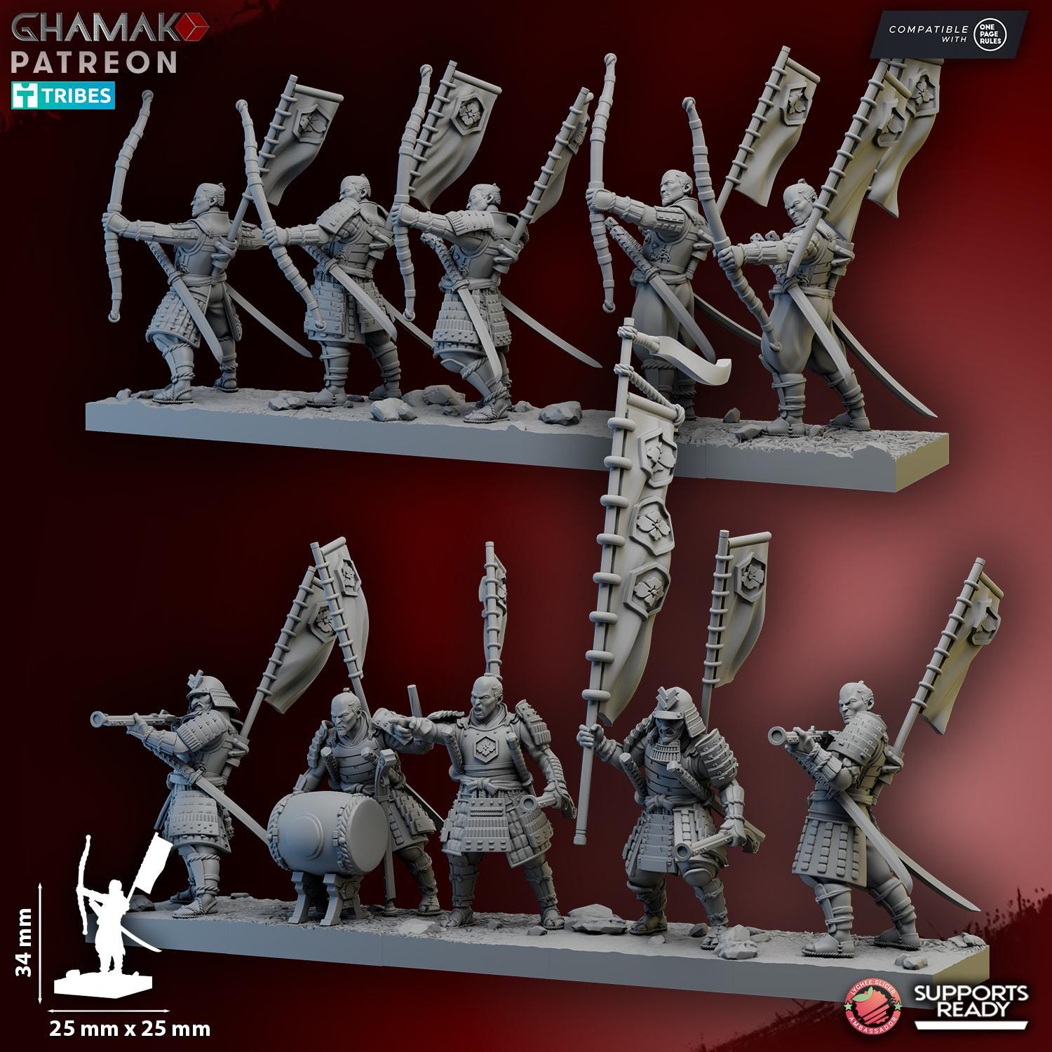 Samurai Yumi & Musket from Ghamak, 10 Wargame Miniatures+ Gratis Bases