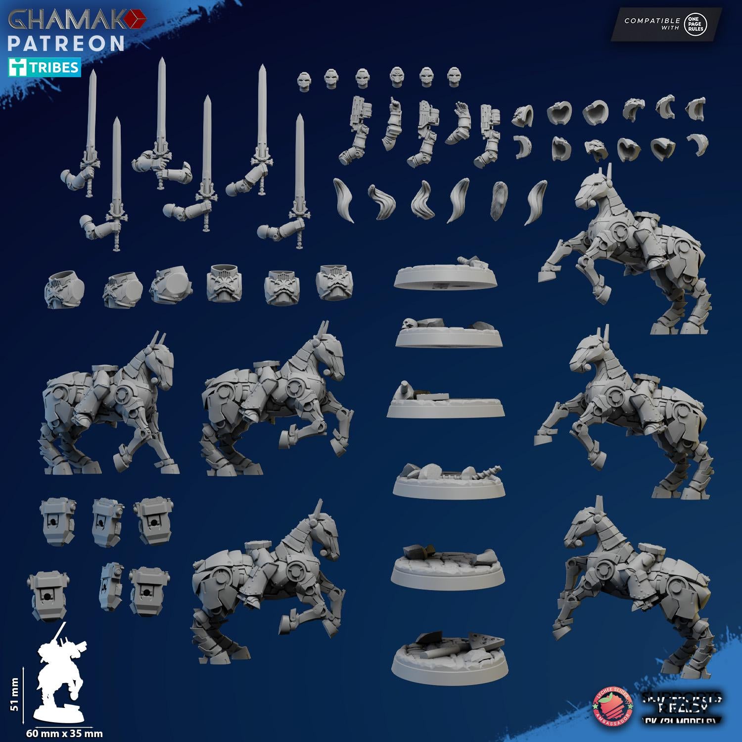 Mechanized Heavy Cavalry from Ghamak, 6 Wargame Miniatures+ Gratis Bases
